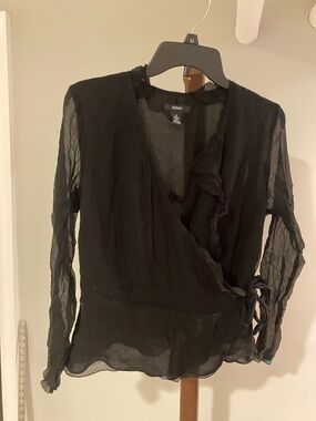 Alfani Black 100% Silk Sheer Wrap Ruffled Collar Blouse 18W  x 22L